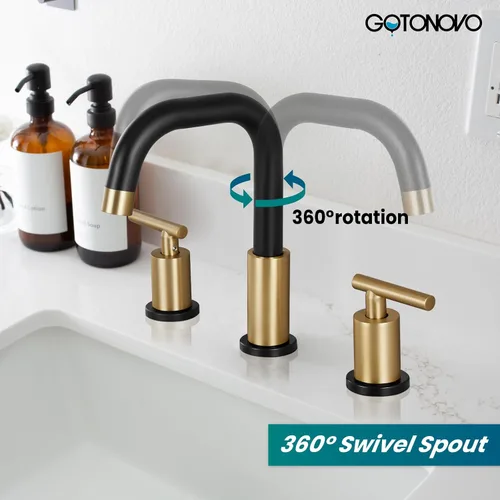 Vista 8 de gotonovo Grifo de lavabo de baño de 8 pulgadas, 3 agujeros, 2 asas, lavabo con drenaje desplegable con válvulas mezcladoras frías y calientes