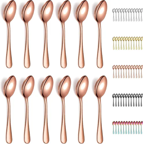 Vista 8 de Evanda 12 cucharaditas doradas, acero inoxidable chapado en titanio dorado, cuchara de té de 5.5 in, cubiertos para té, café, pasteles, postres