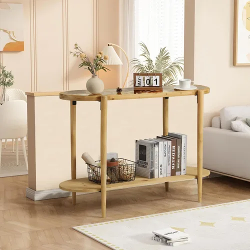 Vista 7 de RUSTOWN Mesa consola de ratán, mesa de entrada bohemia de 2 niveles con parte superior de vidrio templado y patas de madera, mesa de sofá moderna