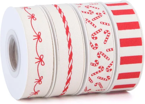 Vista 10 de Meseey 4 rollos de cinta de algodón de menta de caramelo de Navidad de 20 yardas y 5/8 pulgadas a rayas rojas y blancas para envolver regalos