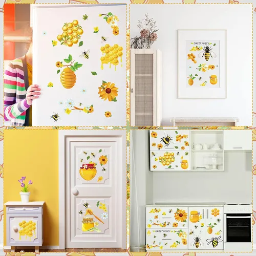 Vista 6 de Zonon 90 calcomanías de ventana de abeja de verano, calcomanías para ventana, calcomanías de girasol, calcomanías de panal, decoración de panal