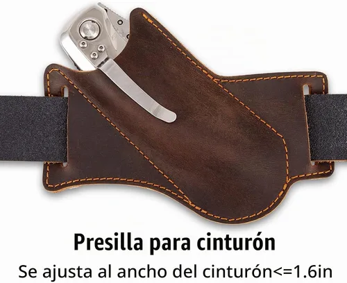 Vista 2 de Funda de cuero para cuchillo, soporte para cuchillos de bolsillo, organizador de bolsillo para cinturón EDC, hecha a mano con dibujo cruzado