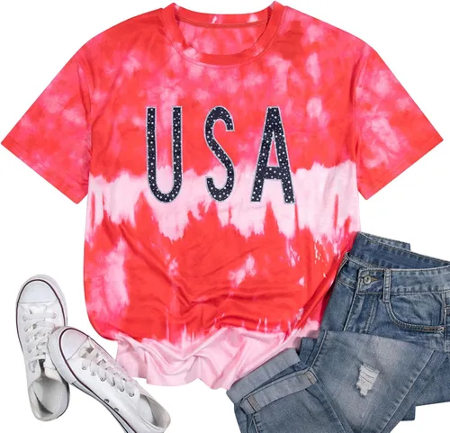 Vista 5 de Camisa de gran tamaño para mujer, diseño patriótico americano, cuello redondo, holgado, para el 4 de julio