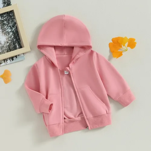 Vista 2 de Sudadera con capucha y cremallera para bebé niño y niña, color liso, de algodón, de manga larga, con bolsillos