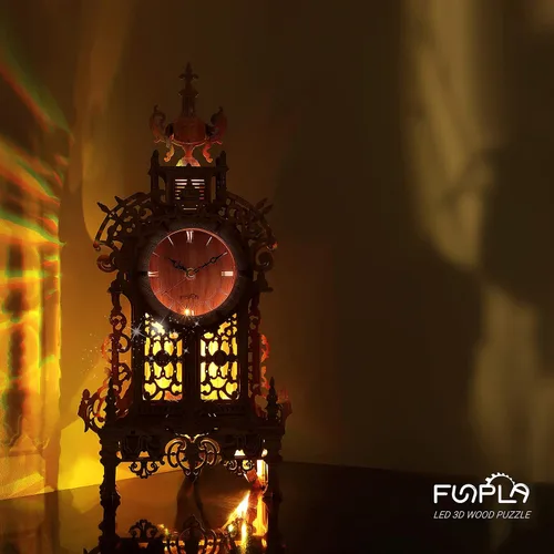 Vista 7 de FUNPOLA Rompecabezas de madera 3D Reloj de torre LED, rompecabezas 3D edificio de escritorio, modelo de bloques de construcción arquitectónicos