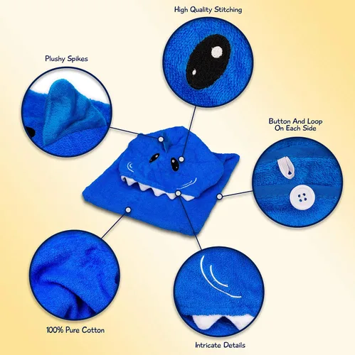 Vista 3 de Hudz Kidz Poncho de toalla con capucha prémium para niños y niños pequeños, 100% algodón (tiburón azul)