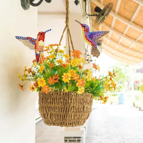 Vista 3 de Huwena 12 piezas de pintura de diamante de colibrí para decoración de jardín, pintura de pájaros, estacas de jardín, kits de estacas de arte