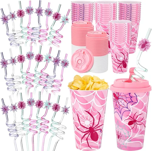 Vista 18 de Yungyan 16 juegos de tazas de golosinas con tapas y pajitas para decoraciones de cumpleaños, reutilizables, 16 onzas, vasos de plástico para dulces