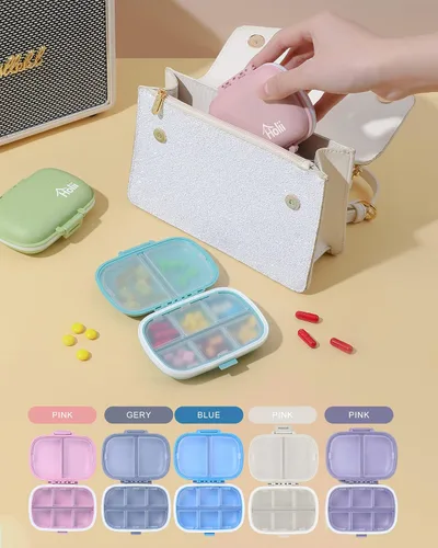 Vista 9 de Holii Organizador de pastillas de viaje con 8 compartimentos, farmacia de bolsillo para bolso, pastillero diario, organizador de medicamentos, Rosa