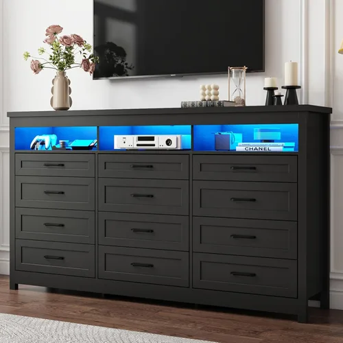 Vista 11 de Hlivelood Cómoda de granja de 9 cajones con luces LED, cómoda grande de 160 cm de ancho para dormitorio, cómoda de madera moderna con organizador