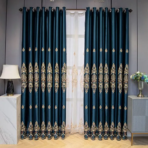 Vista 2 de Amidoudou 1 par de cortinas bordadas jacquard europeas de lujo para sala de estar y dormitorio (azul, 51 x 84 pulgadas)