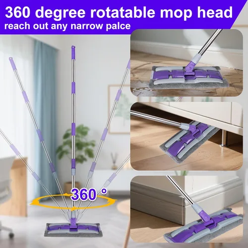 Vista 3 de Trapeadores de microfibra para limpieza de suelos, trapeador plano en seco y húmedo con mango telescópico de acero inoxidable, 4 almohadillas