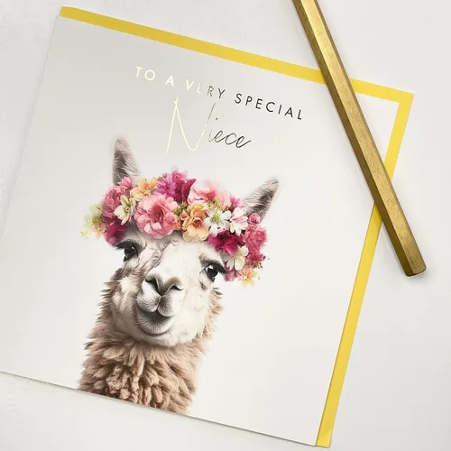 Vista 3 de Old English Co. Tarjeta de llama muy especial para sobrina, bonita tarjeta de cumpleaños floral de llama para ella, lindas tarjetas de felicitación