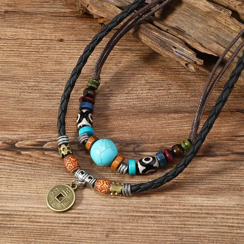 Vista 2 de HETICA Gargantilla de cuentas de madera boho en capas occidentales, collar trenzado de flores en forma de corazón, cordón de cáñamo ajustable