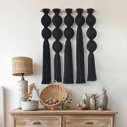 Vista 2 de Jakalin Macramé para colgar en la pared, arte de pared de fibra con borlas Negro