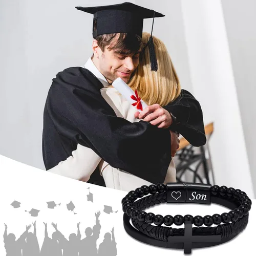Vista 2 de TempBeau Pulsera de cuero con cruz para papá, envía caja de regalo, pulsera de graduación con grabado a mi hijo, pulseras de cuentas naturales