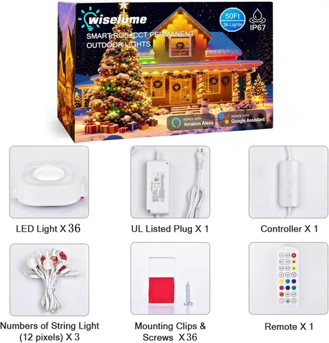 Vista 9 de Luz exterior permanente de 50 pies con 36 luces LED, luces de tejado inteligentes RGB que cambian de color, luces exteriores impermeables