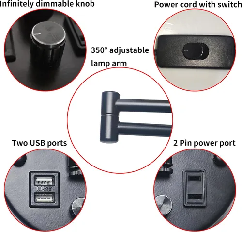 Vista 3 de Lámpara de Pared Enchufable con USB y Enchufe de 2 Pines, Luces de Montaje en Pared que se Enchufan con Cable e Interruptor, Luces de Montaje