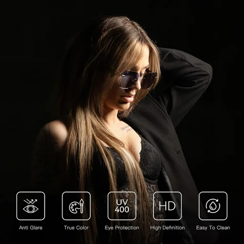 Vista 9 de ZENOTTIC Lentes de sol sin montura de gran tamaño para mujer, diseño geométrico de corte de diamante, lentes degradados, protección UV, tonos de moda