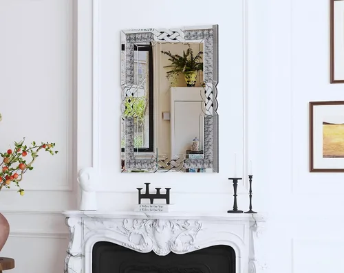 Vista 6 de Espejo de diamante triturado plateado: decoración rectangular de pared 35.4 x 23.6 pulgadas Espejo decorativo de lujo con espejo de cristal