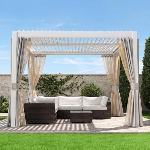 Vista 17 de Domi - Pérgola de aluminio para exteriores de 10 x 10 pulgadas con cortinas y malla Marrón oscuro