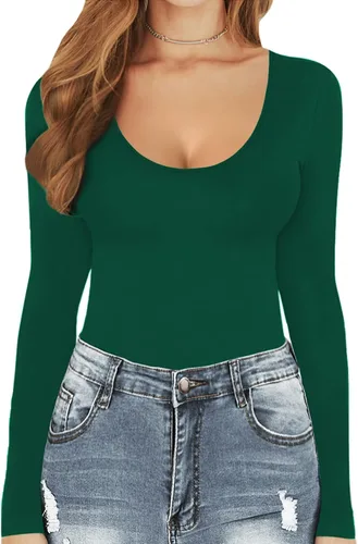 Vista 2 de MANGOPOP - Enterizos básicos elásticos para mujer, de manga corta o larga y con cuello redondo