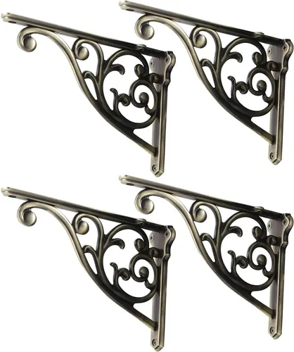 Vista 66 de Soportes de estante de 4 pulgadas, paquete de 4 soportes de pared de latón antiguo de alta resistencia, estantes decorativos de cocina victoriana