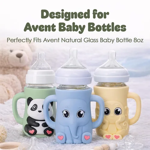 Vista 3 de Funda de silicona para botella de vidrio natural Philips Avent de 8 onzas Protector contra caídas + asas de fácil agarre Material seguro sin BPA