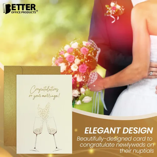 Vista 7 de Better Office Products Tarjeta de felicitación de boda con lámina dorada y plateada metálica, sobre brillante dorado, tamaño clásico de 5 x 7