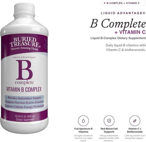 Vista 5 de Buried Treasure B Complete - Complejo líquido de vitamina B con metilcobalamina B12 y metilfolato B9, biotina, B1, B2, B3, B5, B6, líquido y sin