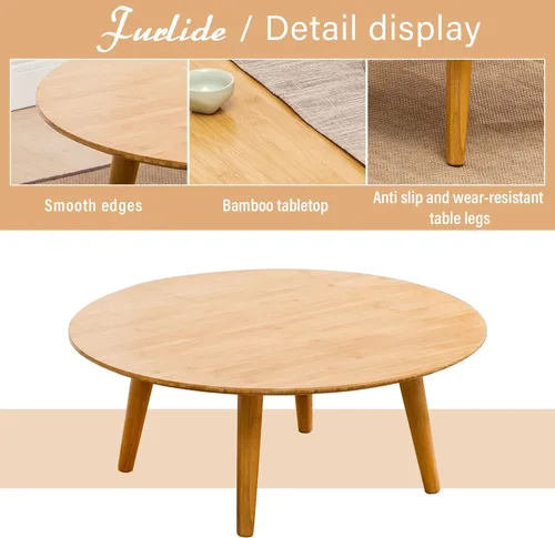 Vista 4 de Furlide Mesa de centro redonda de bambú, mesa de estilo japonés bajo para sala de estar, mesa de centro circular de mediados de siglo, mesas