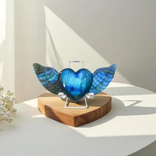 Vista 6 de Corazón de labradorita, corazón de cristal, piedras de labradorita, corazón de cristal curativo con alas
