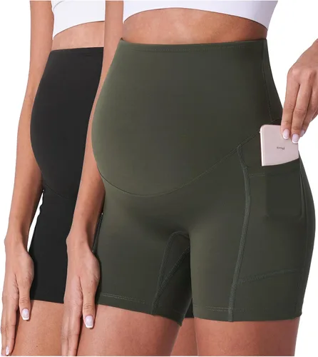 Vista 18 de POSHDIVAH Pantalones cortos de maternidad para mujer de 5 pulgadas 2 piezas negro
