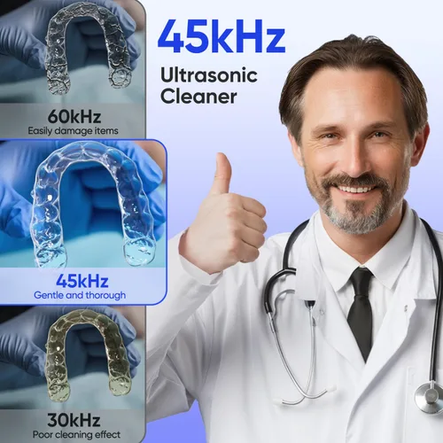 Vista 5 de MySmile Máquina limpiadora ultrasónica dental, limpiador dental de 45 kHz con capacidad de 6.8 fl oz para alineador, aparatos ortopédicos, protector