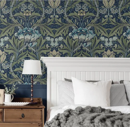 Vista 3 de NextWall Acanthus Papel pintado floral de pelar y pegar (denim y salvia)