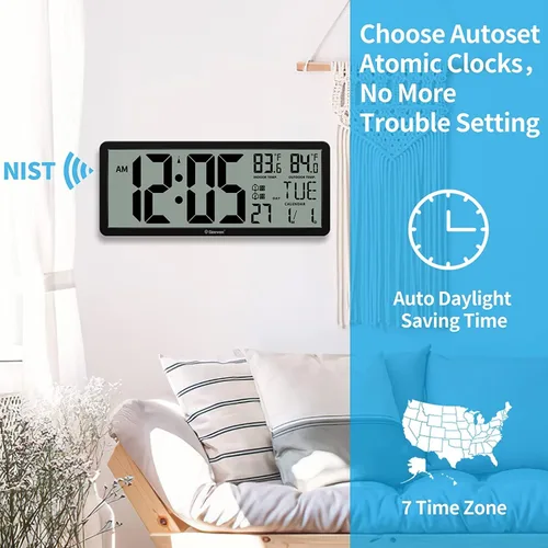 Vista 3 de Geevon Reloj atómico grande de 14.3 pulgadas con temperatura interior y exterior, reloj de pared digital que funciona con pilas, día y fecha