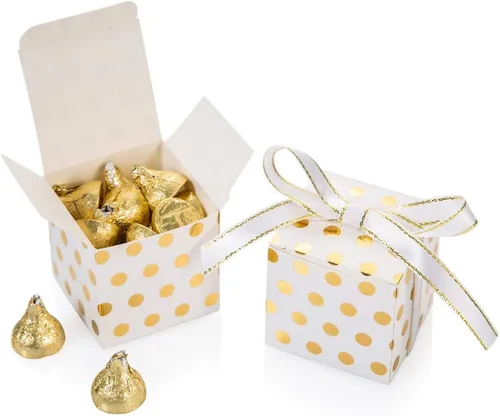 Vista 14 de AWELL Caja de dulces de regalo negra con puntos dorados a granel de 2 x 2 x 2 pulgadas con cinta para recuerdos de fiesta, puntos dorados, paquete