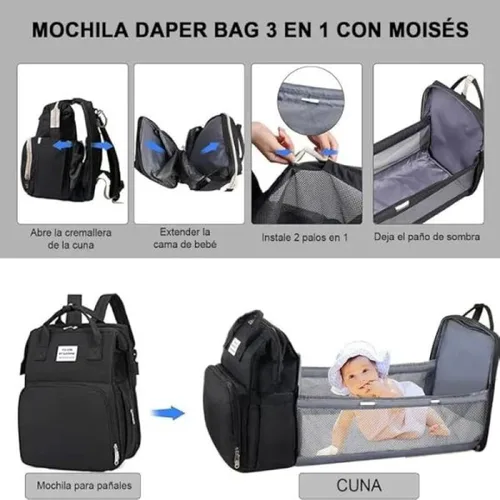 Vista 2 de Pañalera Mochila Bebe Modernas Para Niña Niño Plegable Negro.