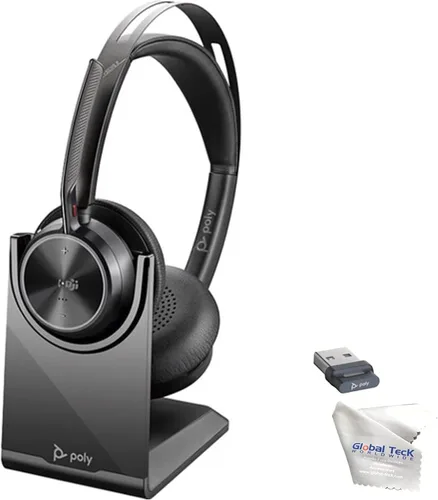 Vista 2 de Global Teck Worldwide Poly Voyager Focus 2 UC - Paquete de auriculares inalámbricos con cojines cómodos de repuesto, soporte de auriculares de carga