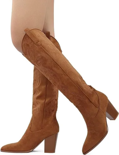 Vista 6 de WIRALOMI Botas vaqueras de tacón grueso bordado hasta la rodilla para mujer, botas vaqueras con punta puntiaguda