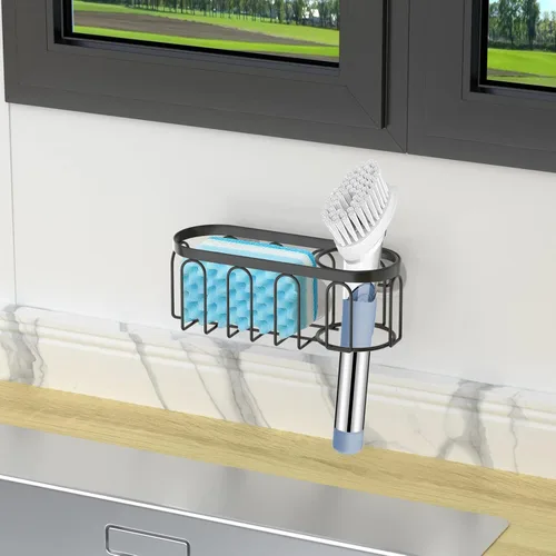 Vista 6 de Soporte de esponja 2 en 1 para fregadero de cocina, organizador de fregadero de cocina con 3 ventosas, soporte de esponja para fregadero a prueba