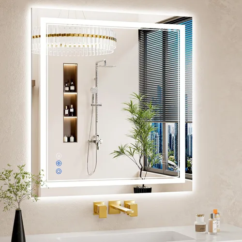 Vista 26 de Espejo de baño LED de 22 x 30 pulgadas con luces, antiniebla, retroiluminado + luz frontal, regulable, espejo de tocador LED para pared, espejo