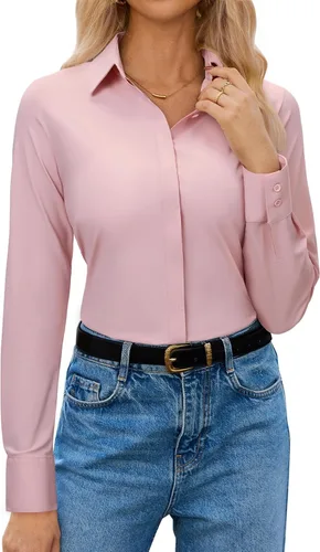 Vista 14 de siliteelon Womens Button Down Shirt Stretch Dress Shirt Collared Long Sleeve Hidden-Button Work Shirt Wrinkle-Free Blouse