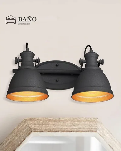 Vista 6 de Lámpara de tocador de baño industrial negra de 2 luces sobre