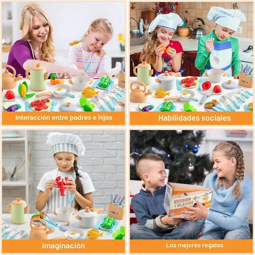 Vista 2 de Accesorios de cocina de juguete para niños, 42 piezas de juego de cocina para niños pequeños, juego de cocina con ollas y sartenes a presión, juego
