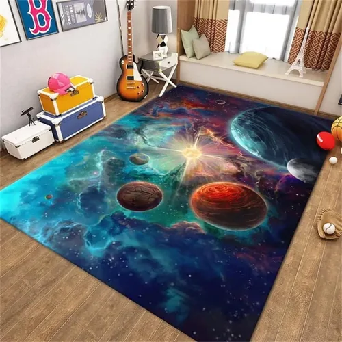 Vista 14 de Alfombra de espacio exterior para habitación de niños, 3 x 5 pies, alfombra Galaxy para dormitorio de niños, suave, antideslizante, sistema solar