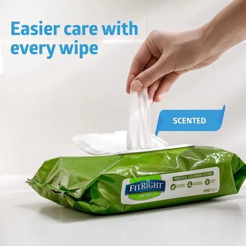 Vista 2 de FitRight - Toallitas de limpieza personal con aloe (8 x 10 pulgadas) 600 toallitas corporales hidratantes para adultos para baño y limpieza