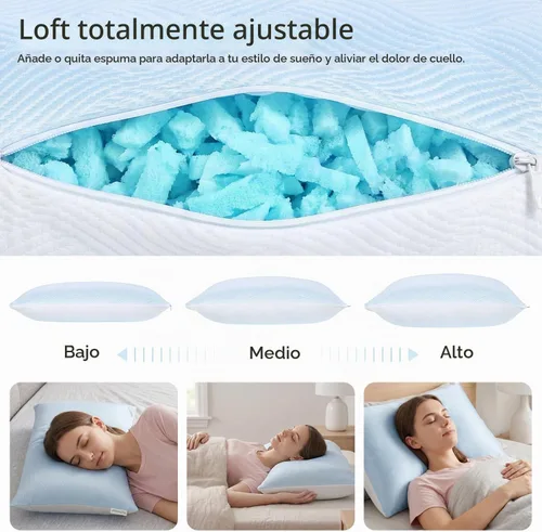 Vista 4 de pillosophy Almohada Loft ajustable original • Relleno de espuma viscoelástica triturada con gel • Funda refrescante lavable de doble cara • Perfecto