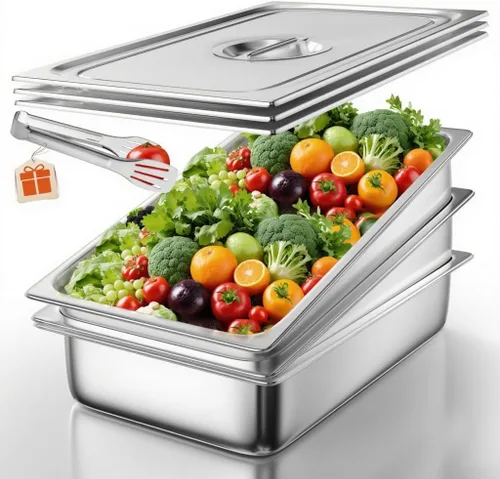 Vista 11 de WantJoin Recipientes Gastronómicos con Tapa 1/1 Tamaño Completo 4 Pulgadas de Profundidad Paquete de 3, Juegos de Bandejas de Metal de Acero