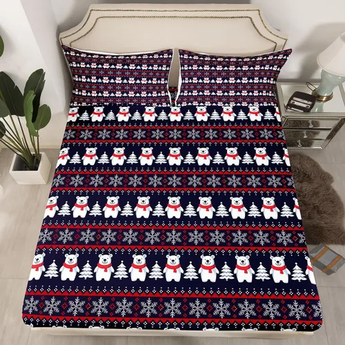Vista 16 de Juego de sábanas con diseño de Papá Noel y muñeco de nieve para niños, niñas y niños, de temática navideña, juego de cama con diseño de árbol